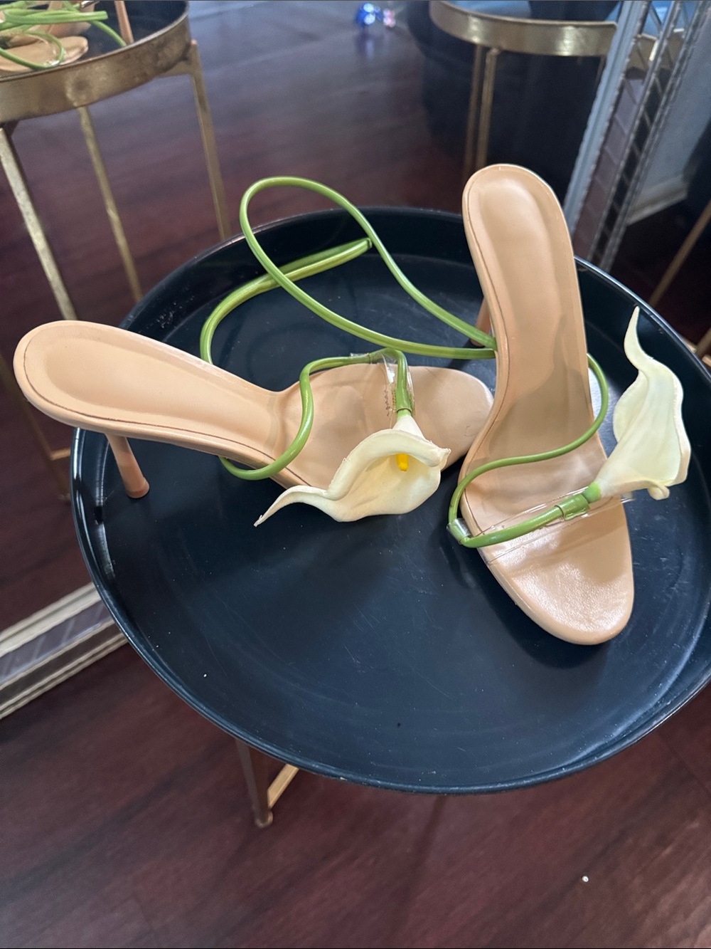 Feminine Beige Heeled Sandals with Green Straps and Floral Accent